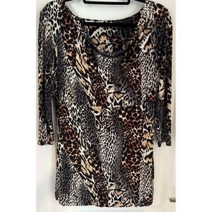 Chaus Animal Print Brown Black Tunic Top 3/4 Sleeves Leopard Cheetah Sz Large